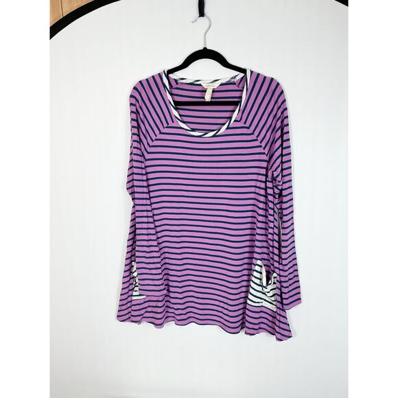 Matilda Jane Womens No Limitations Tunic Shirt Purple Navy Stripe Pockets Large - Picture 1 of 5